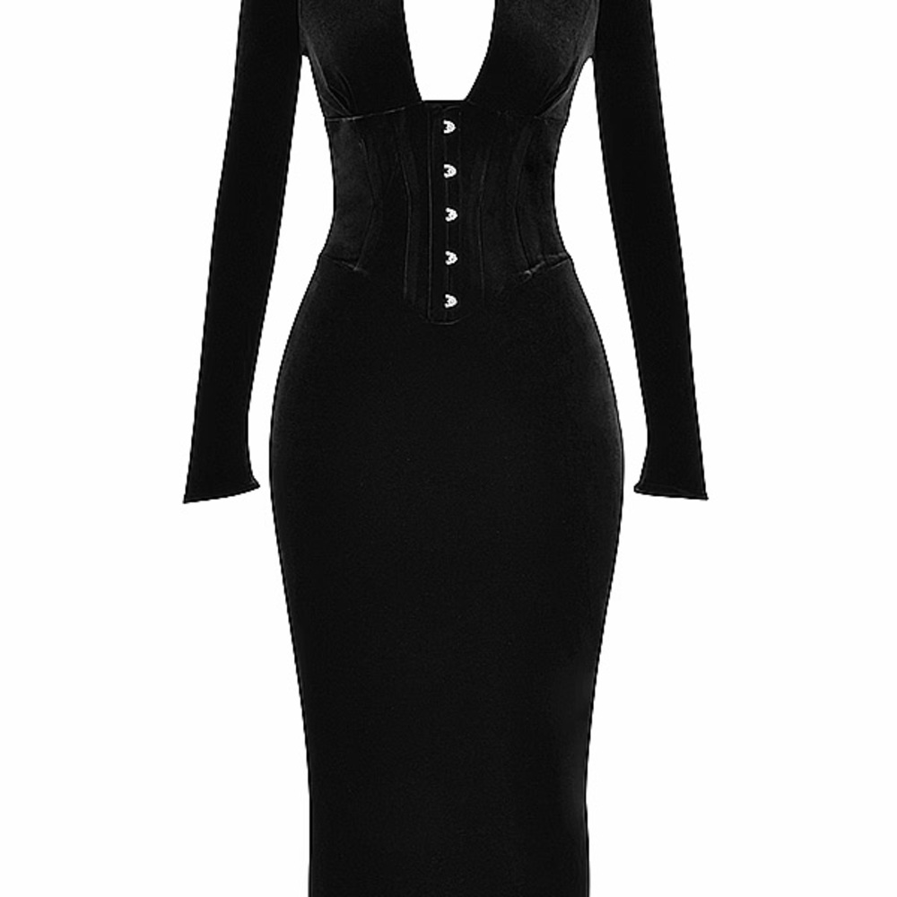 House of CB Black Long-Sleeve Corset Midi Dress